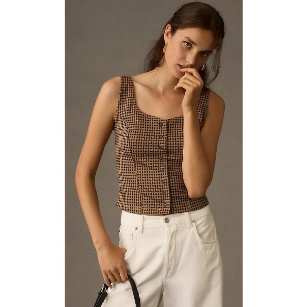 Anthropologie Brown Checked Button-Front Tank Top